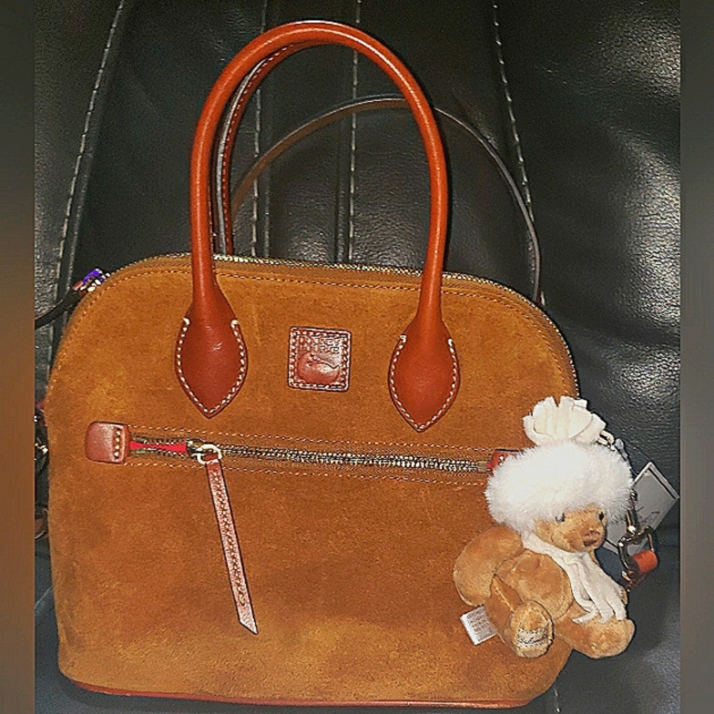 Dooney & Bourke Camel Suede Vintage Handbag with bonus Bear Bag Charm.